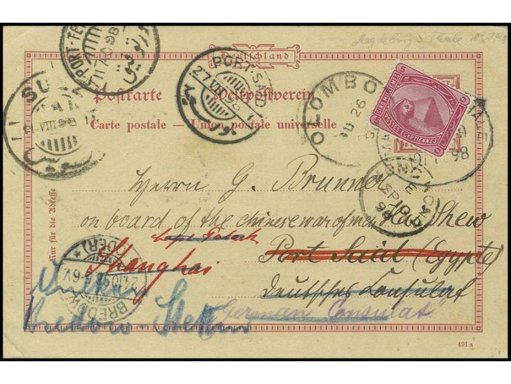 1890, Karte Krone/Adler 10 Pfg., gestempelt "MAGDEBURG-HALLE 19.7.98" nach Port Said, dort vom deutschen Konsulat mit Ägypten