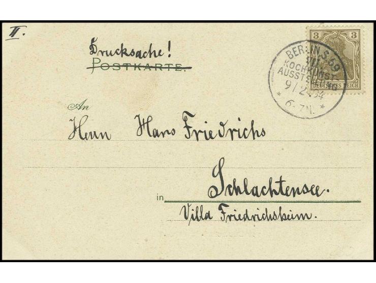 DIVERSES: 1904, "BERLIN S. 69 VII. KOCHKUNST-AUSSTELLUNG 9/2.04" auf Drucksache mit Germania 3 Pfg. nach Schlachtensee, Kabin
