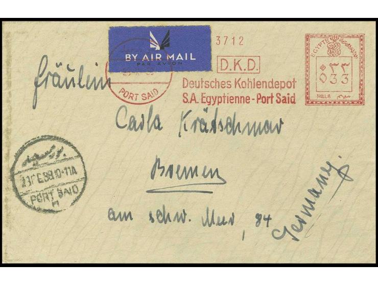1938, "33 M. Deutsches Kohlendepot S.A. Egyptienne-Port Said" (Tarnfirma für die dt. Marine), roter Freistempel auf Luftpostb