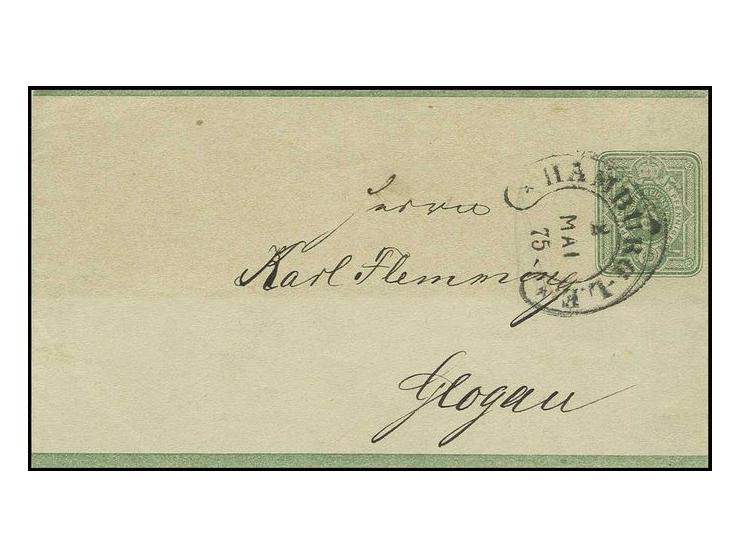 HUFEISENSTEMPEL: "HAMBURG-L.E. 2 MAI 75" (Spalink 17-11), klarer Abschlag auf Ganzsachen-Streifband 3 Pfge (etwas getönt, rüc