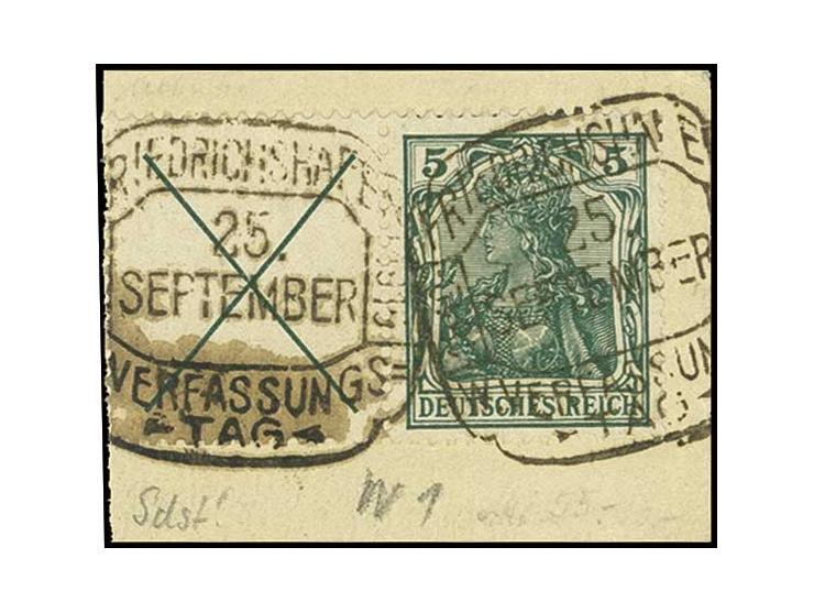 1910, Germania X+5 Pfg. mit Sonderstempel "FRIEDRICHSHAFEN/VERFASSUNGSTAG 25. SEPTEMBER" auf Briefstück, Pracht (Mi. 350,-)