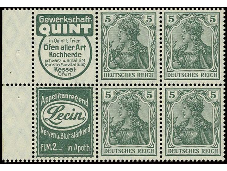 1911, Heftchenblatt 4 mit Reklame "Gewerkschaft Quint" + "Lecin" mit Rand, postfrisch mit kleiner Haftstelle im Rand, hervorr