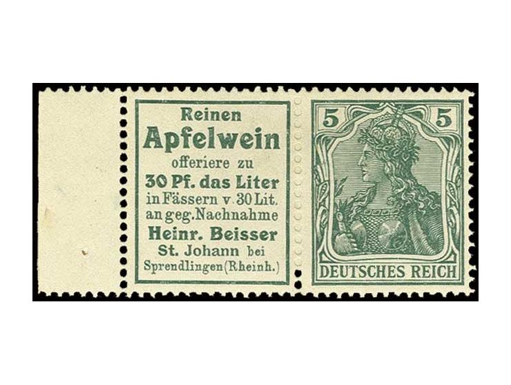 "Apfelwein Beisser"+5 Pfg., linkes Randstück in einwandfreier Zähnung (Mi. +100%), ungebraucht, Kabinett  (Mi. 1.440,-)