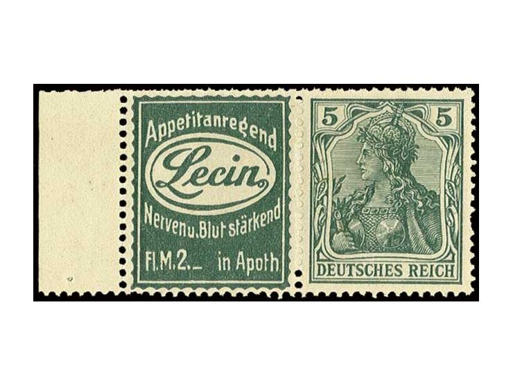 "Lecin"+5 Pfg., ungebrauchtes linkes Randstück, Reklamefeld oben stärkere Heftchenzähnung und rechts fehlender Zahn (Mi. 480,