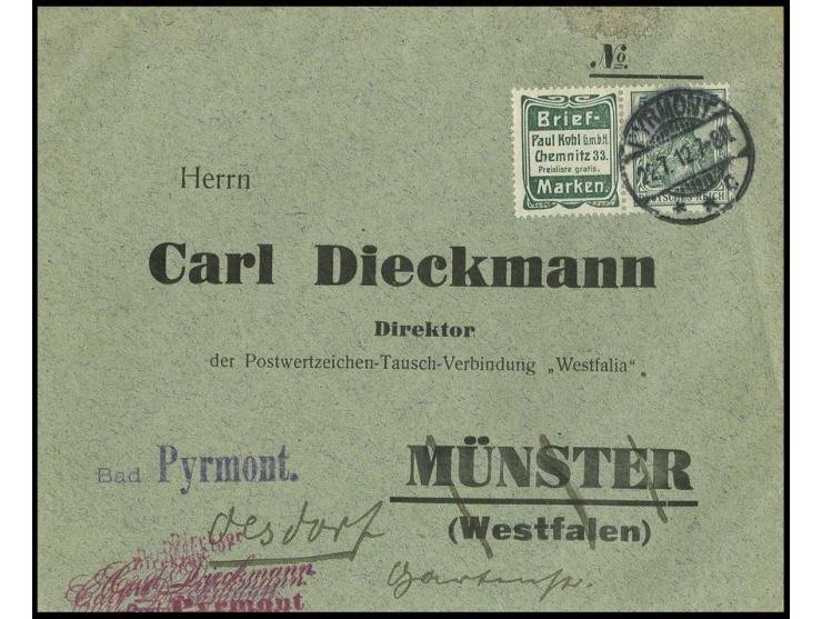 "Brief-Marken Kohl'+5 Pfg. auf Brief von 'PYRMONT 22.7.12', Reklamefeld mit einigen verkürzten Zahnspitzen (Mi. 720,-)