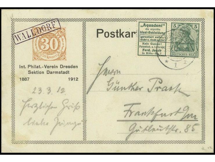 "Aquadent" + 5 Pfg., sauber gestempelt "DARMSTADT 25.3.12" auf portogerechter dekorativer Karte des "Int. Philat.-Verein Dres