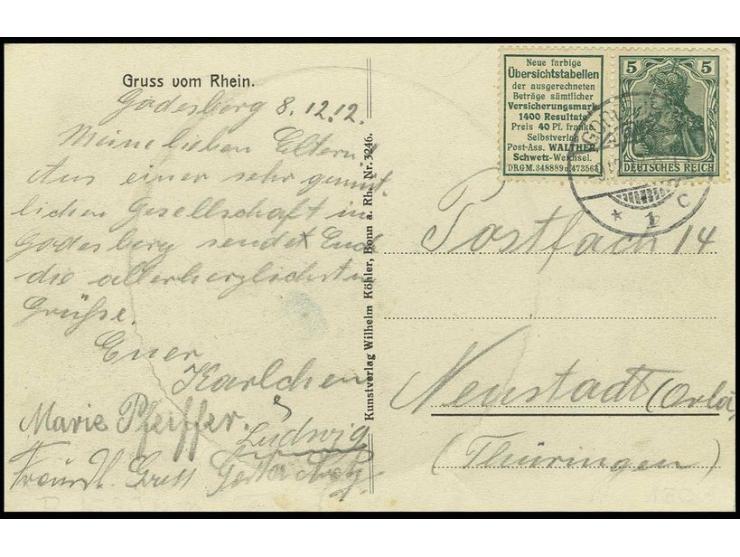 "Übersichtstabellen"+ 5 Pfg., gestempelt "GODESBERG 9.12.12" auf Ansichtskarte nach Neustadt/Orla, Pracht (Mi. 1.600,-)