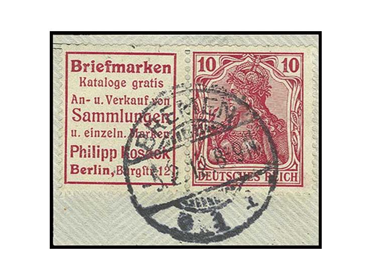 "Briefmarken Kosack" + 10 Pfg., gestempelt "BREMEN 5.2.12" auf Briefstück, Pracht (Mi. 1.100,-)