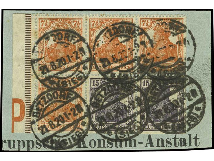 1917/18, Heftchenblatt Germania 7 1/2+15 Pfg. mit Rand mit Strichelleisten violett und orange sowie "P", gestempelt "BETZDORF