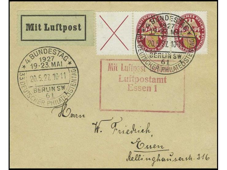 X+10+10 Pfg., sauber entwertet mit Sonderstempel "BERLIN 33. PHILATELISTENTAG 20.5.27" auf portogerechtem Flugbrief nach Esse