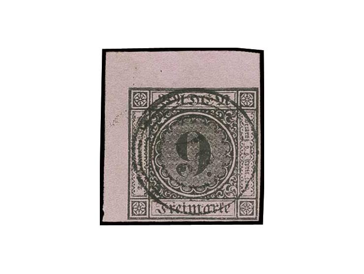 9 Kr. auf lilarosa, allseits voll- bis überrandige linke obere Bogenecke mit 4/6 mm Bogenrand, zentrisch leicht gestempelt "5