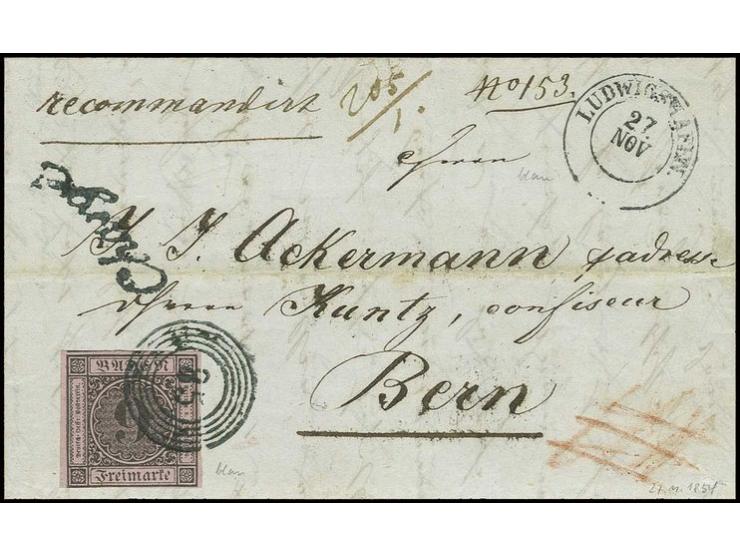9 Kr. auf lilarosa, voll- bis überrandig und farbfrisch mit blauer Nr. "85", nebengesetztem Aufgabestempel "LUDWIGSHAFEN 27. 