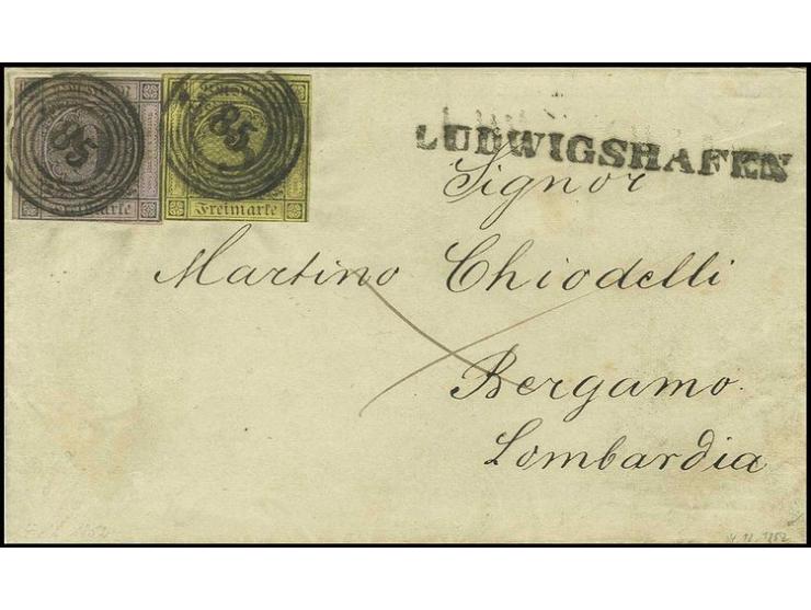 9 Kr. auf lilarosa und 3 Kr. auf gelb, beide in üblichem, gutem Schnitt mit klarer Nr. "85" und nebengesetztem L1 "LUDWIGSHAF