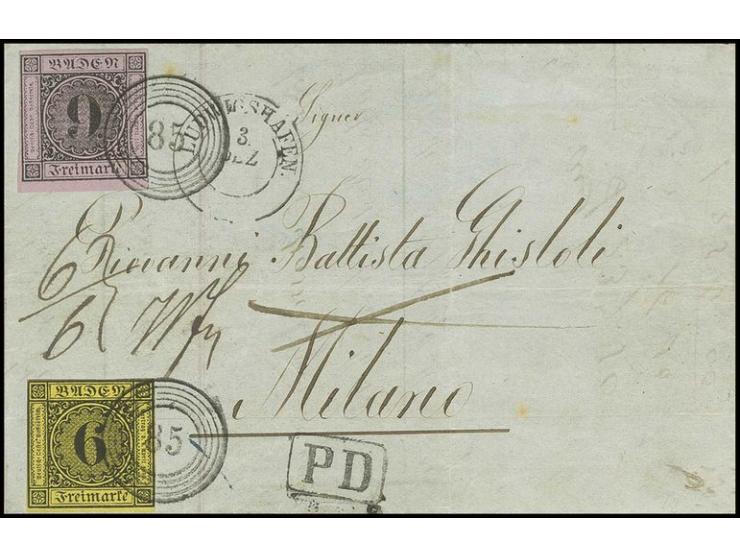 9 Kr. auf lilarosa in Mischfrankatur mit 1853/54, 6 Kr. auf gelb, beide gut gerandet, die 9 Kr. vom unteren Bogenrand, mit sa