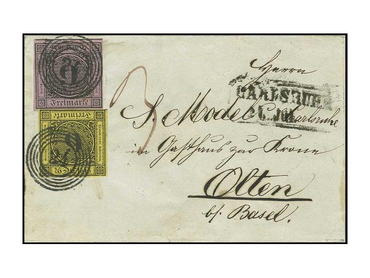 9 Kr. auf lilarosa in Mischfrankatur mit 1853, 6 Kr. auf gelb, beide breit- bis überrandig und farbfrisch mit Nr. "24" auf kl
