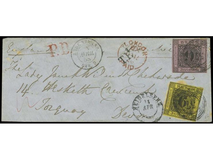 9 Kr. auf lilarosa, voll- bis breitrandig in Mischfrankatur mit 1854, 6 Kr. auf gelb mit Nummer "57" und nebengesetztem DKr. 