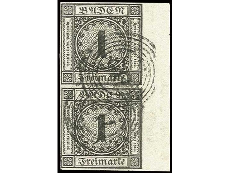 1 Kr. schwarz im senkrechten Paar, voll- bis überrandig, rechts mit 8 mm Bogenrand (hier leichte Bugspur), gestempelt, Kabine