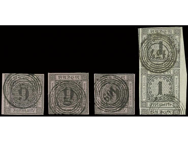 1 Kr. schwarz im senkrechten Paar, allseits überrandig mit Teilen von 5 Nachbarmarken und rechts bis 4,5 mm Bogenrand, sauber