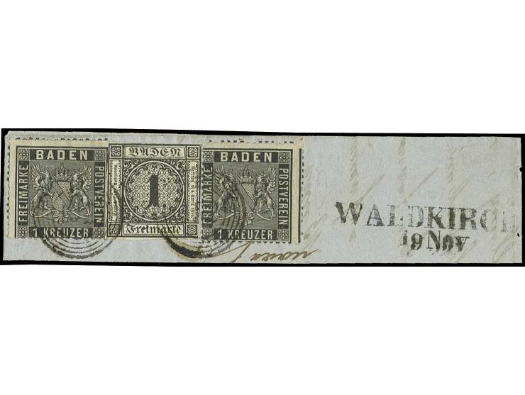 1 Kr. schwarz in wertstufengleicher Mischfrankatur mit 2 Stück 1860, 1 Kr. schwarz, abwechselnd geklebt mit Nr. "152" und neb