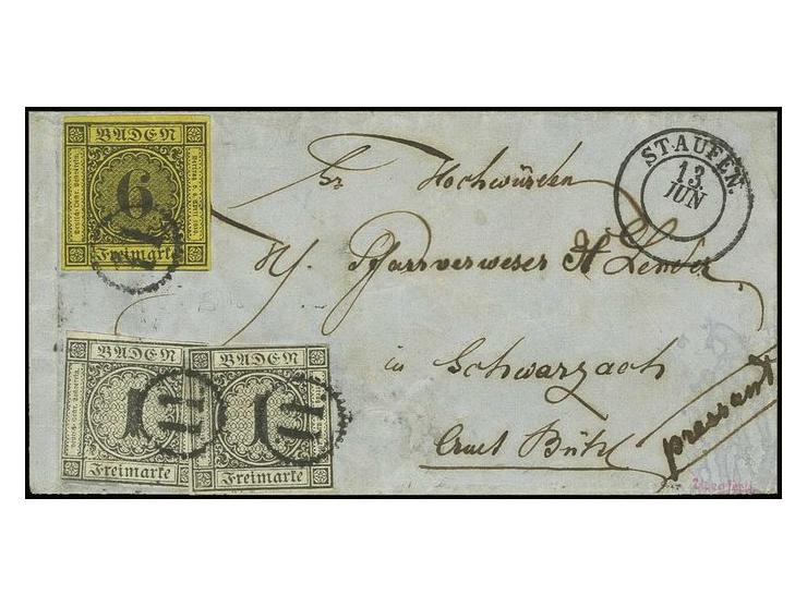 1 Kr. schwarz, 2 Einzelwerte, zusammen mit 6 Kr. auf gelb, alle in gutem Schnitt, die 6 Kr. voll- bis breitrandig, alle Werte