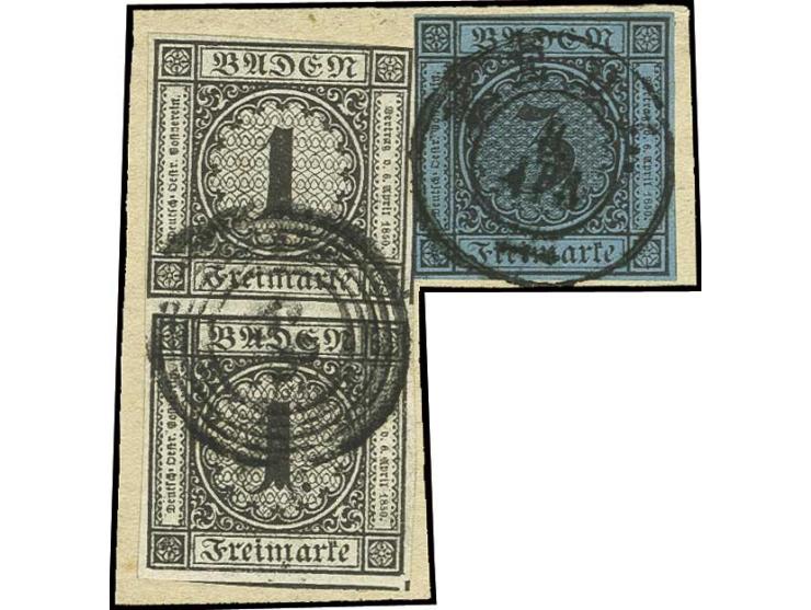 1 Kr. schwarz im senkrechten Paar, rechts minimal berührt, sonst voll- bis überrandig, zentrisch entwertet mit Nr. "68" in Mi