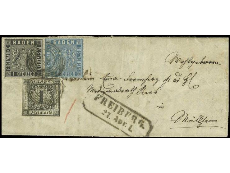 1 Kr. schwarz mit 1860/62, Wappen 1 Kr. schwarz und 3 Kr. preußischblau mit Nr. "43" auf kleinem Faltbrief von "FREIBURG 27. 