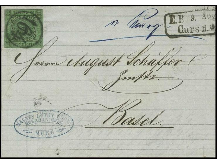 3 Kr. auf grün mit zentrischem EKr. "164" der Bahnpost auf kpl. Faltbrief mit handschriftlichem Aufgabevermerk "v. Murg" nach