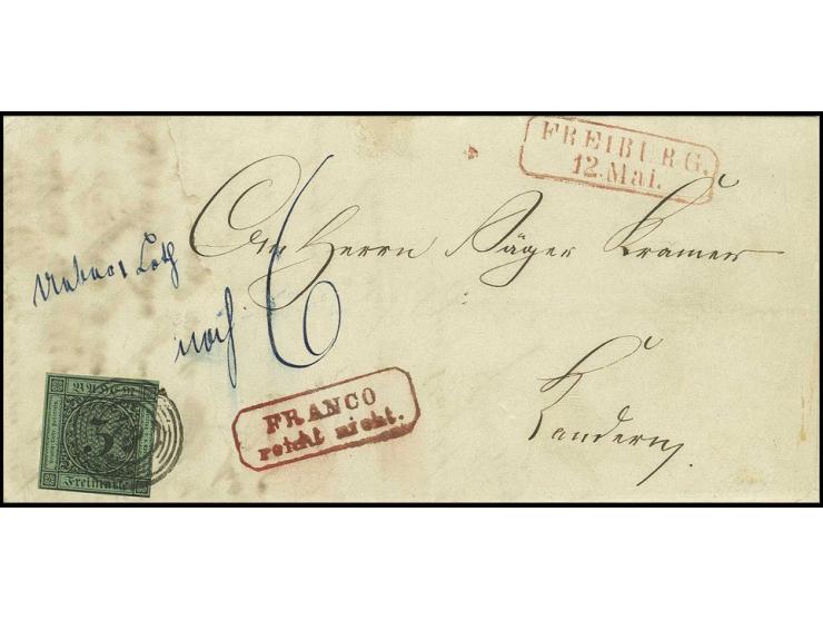 3 Kr. auf grün mit Nr. "43" und nebengesetztem rotem Ra2 "FREIBURG 12 Mai" (1856) auf Briefhülle nach Kandern mit nebengesetz