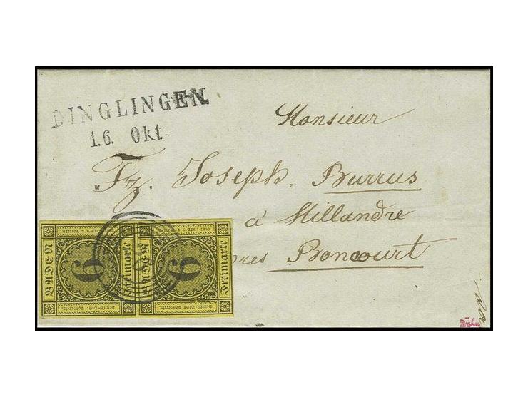 6 Kr. auf gelb im senkrechten Paar, voll- bis breitrandig mit Nr. "26" und nebengesetztem L2 "DINGLINGEN 1.6.Okt." (1855) auf