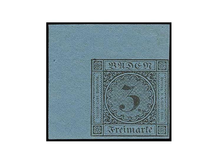 1858, 3 Kr. auf blau, sehr schön farbfrisch und voll- bis überrandig geschnitten aus der linken oberen Bogenecke mit 10/12 mm