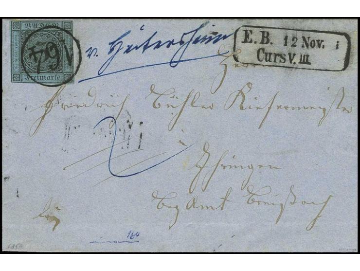 3 Kr. auf blau in üblichem Schnitt mit klarem EKr. "164", nebengesetztem Kursstempel sowie handschriftlichem Aufgabevermerk "