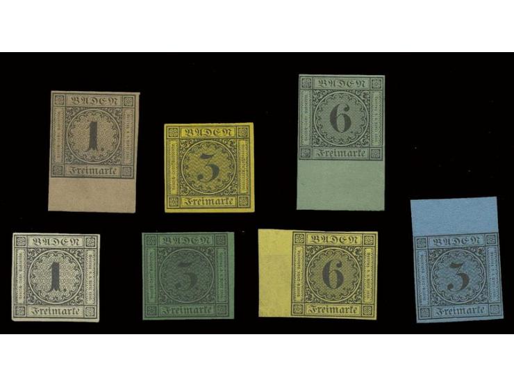 Neudrucke: 1-6 Kr. mit Farbänderungen, alle 7 existierenden Werte kpl., voll- bis breitrandig, meist vom Bogenrand, 3 Kr. gel