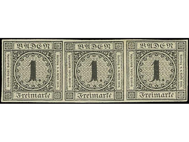 1 Kr. schwarz, Neudruck im waagerechten 3er-Streifen, allseits breitrandig, ungebraucht mit Originalgummi, ein Wert postfrisc
