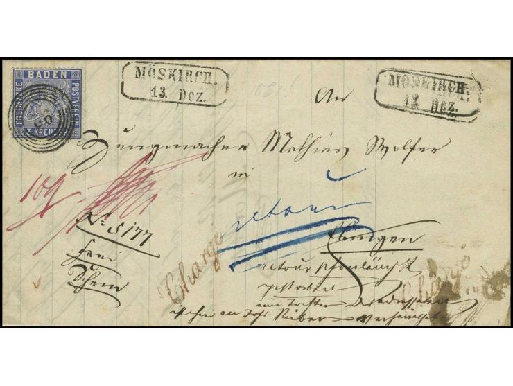 3 Kr. veilchenblau, farbfrisch und für diese Ausgabe gut gezähnt, mit Nr. "92" und nebengesetztem Ra2 "MÖSKIRCH 12 Dez." auf 