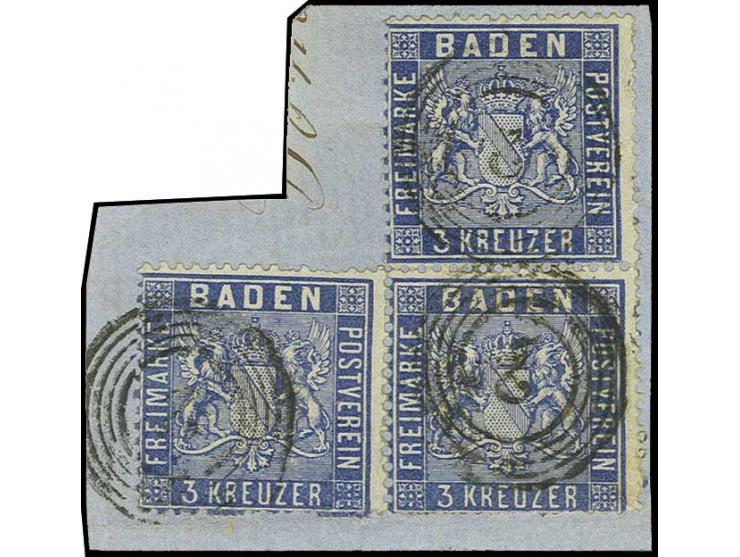 3 Kr. veilchenblau im 3er-Block mit Nr. "2" ACHERN auf Briefstück; die beiden unteren Marken teils Zahnfehler und das senkrec