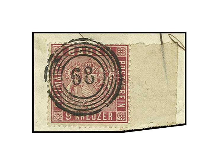 9 kr. karmin, farbfrisch und üblich gut gezähnt mit ca. 13 mm rechtem Bogenrand, sauber gestempelt "68" KEHL auf kleinem Brie