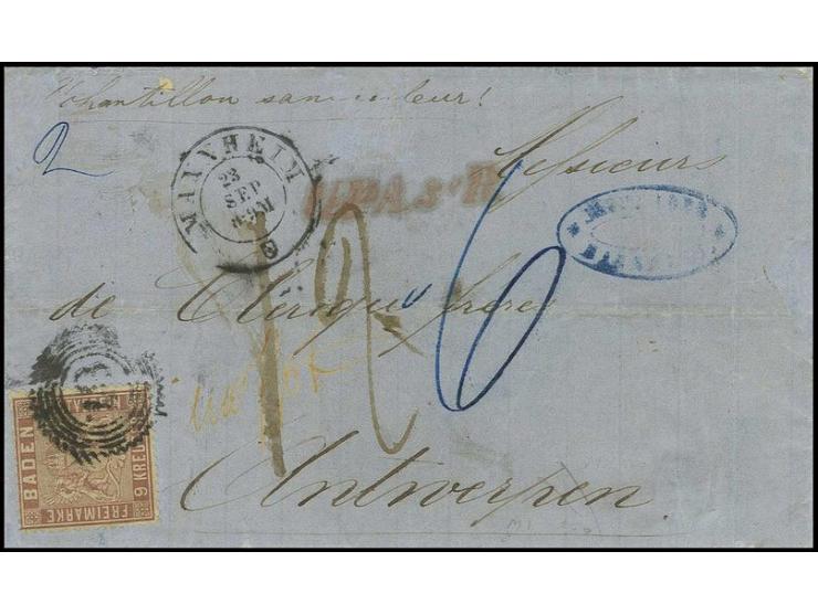 9 Kr. lebhaftrosarot mit Zackenkranz "87." und Aufgabestempel "MANNHEIM 23 SEP" (1861) auf kpl. Faltbrief mit handschriftlich