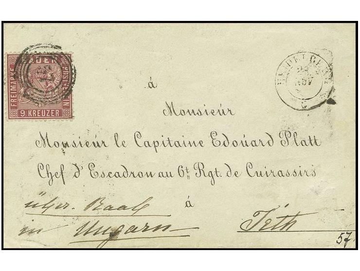 9 Kr. lebhaftrosarot, farbfrisch und gut gezähnt mit Nr. "57" und nebengesetztem DKr. "HEIDELBERG 23 NOV." auf vorgedrucktem 