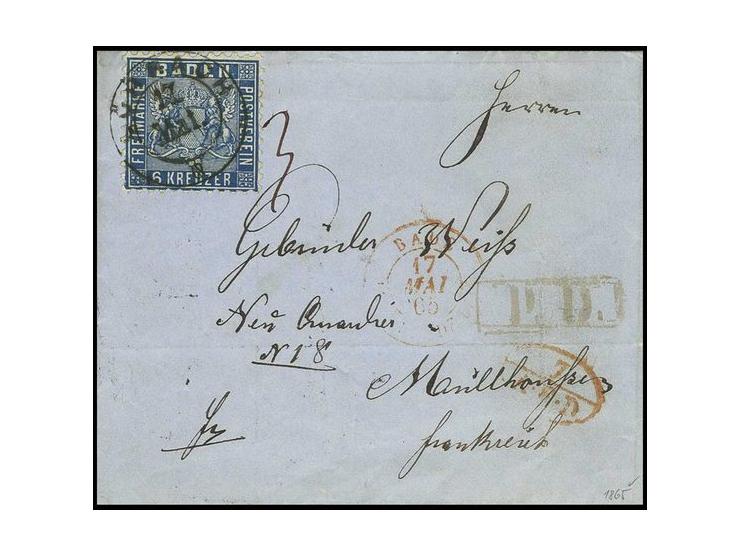 1862, Farbänderung 6 Kr. preußischblau, farbfrisch und sehr gut gezähnt mit DKr. "LÖRRACH 17. Mai" (1865) auf kpl. Faltbrief 