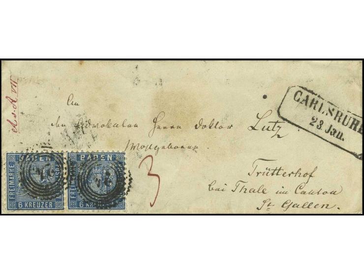6 Kr. preußischblau im waagerechten Paar mit Zackenkranzstempel "24" auf kleinem Damenbrief von "CARLSRUHE 23. Jan." (1863) n