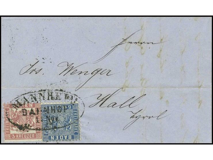 6 Kr. preußischblau mit 1862/66, 3 Kr. rosa mit Ovalstempel "MANNHEIM BAHNHOF 15 Nov." (1864) auf Faltbrief nach Hall in Tiro
