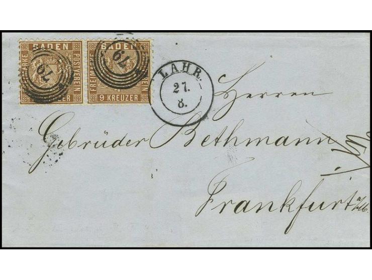 9 Kr. rötlichbraun im waagerechten Paar mit klarer Nr. "79" und nebengesetztem DKr. "LAHR 27.8." (1863) auf Briefhülle nach F