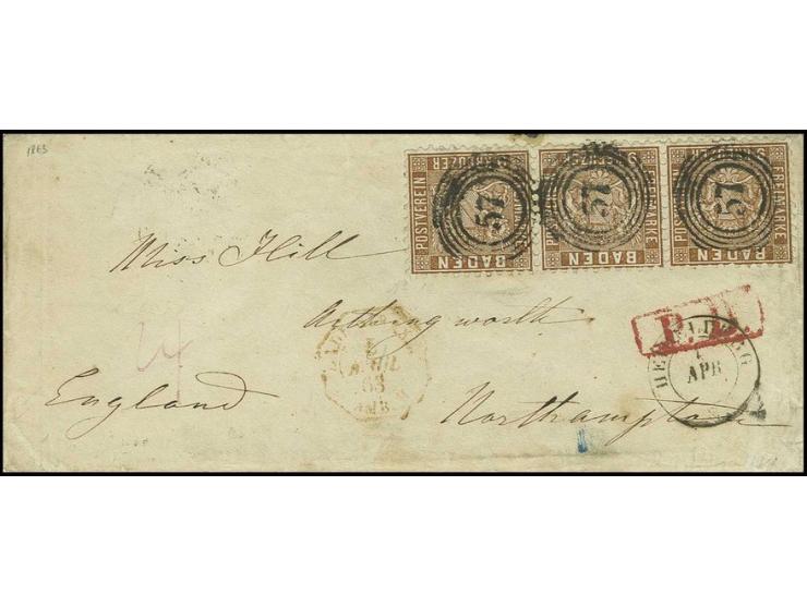 9 Kr. rötlichbraun im waagerechten 3er-Streifen mit Nr. "57" und nebengesetztem Aufgabe-DKr. "HEIDELBERG 4 APR." (1863) auf B