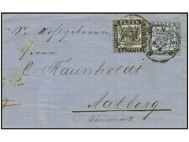 1 Kr. schwarz und 6 Kr. ultramarin mit DKr. "MANNHEIM 13 OCT." auf Briefhülle nach Aalborg in Dänemark mit Ankunftsstempel; i