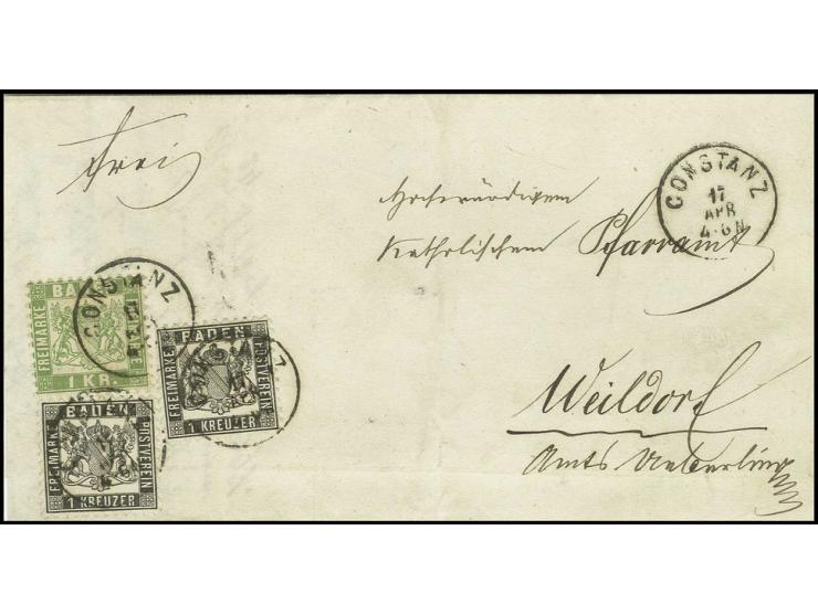 1 Kr. schwarz, 2 Einzelwerte in wertstufengleicher Mischfrankatur mit 1868, 1 Kr. grün mit EKr. "CONSTANZ 17 APR." (1871) auf