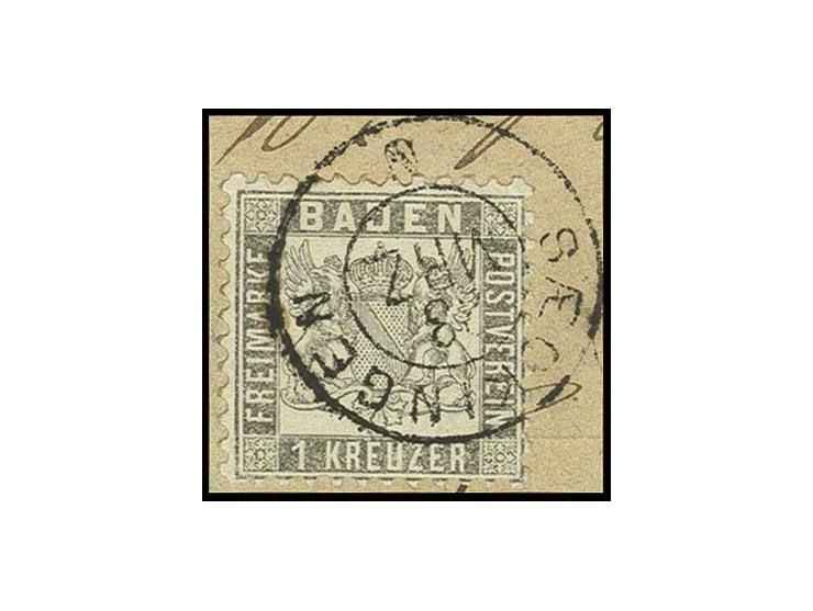 1 Kr. silbergrau, farbfrisch und einwandfrei gezähnt mit sauberem DKr. "SAECKINGEN 23. MRZ." auf Briefstück, Kabinett, sign. 