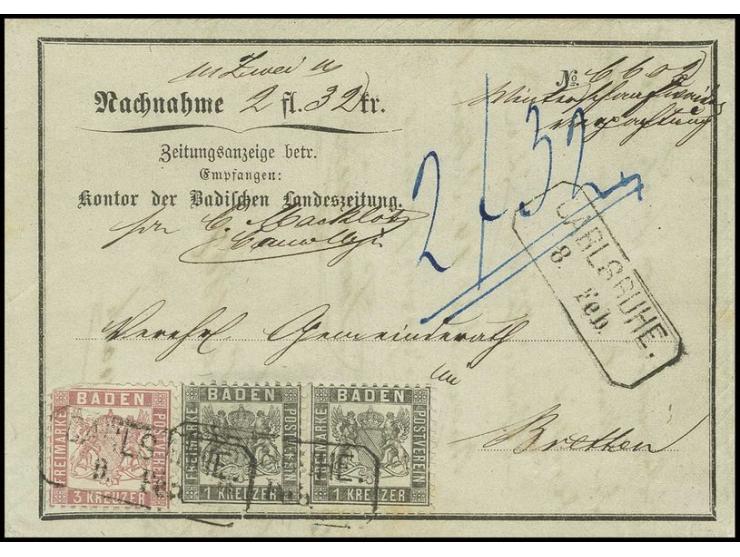 1 Kr. grauschwarz im waagerechten Paar, farbfrisch und gut gezähnt zusammen mit etwas fehlerhafter 3 Kr. rosa mit Ra2 "CARLSR