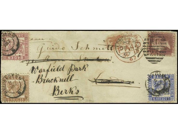3 Kr. rosa, 6 Kr. ultramarin und 9 Kr. rötlichbraun mit DKr. "HEIDELBERG 9 DEZ." (1867) auf kleinem Briefkuvert nach London, 