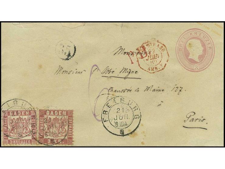 3 Kr. rosa in wertstufengleicher Mischfrankatur mit 1868, 3 Kr. rosa mit DKr. "FREIBURG 21 JUN." (1869) als Zufrankatur auf G