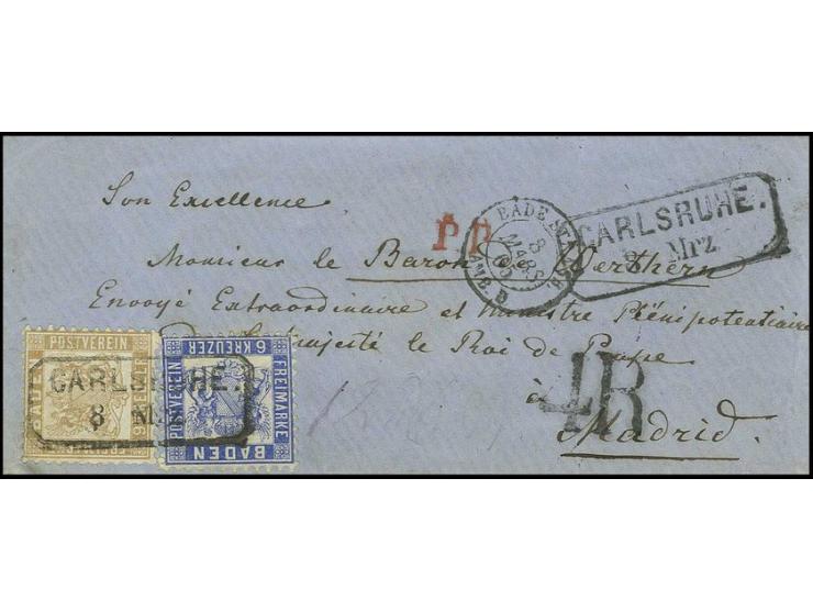 6 Kr. ultramarin und 9 Kr. fahlbraun, beide farbfrisch und gut gezähnt mit sauberem Ra2 "CARLSRUHE 8 Mrz." (1865) auf blauem 